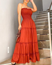 Bandeau Shirring Design Layered Ruffles Maxi Dress