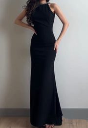 round Neck Solid Color Waist Tight Sheath Long Dress