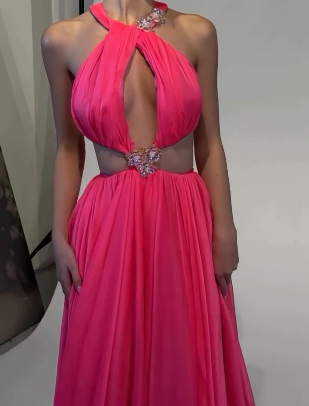 Sexy Halter Hollow Jeweled Dress