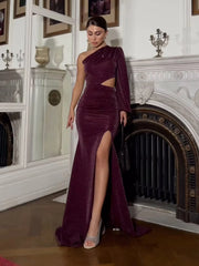 Sexy Oblique Shoulder Long Sleeve Hollow out High Slit Luxury Dress