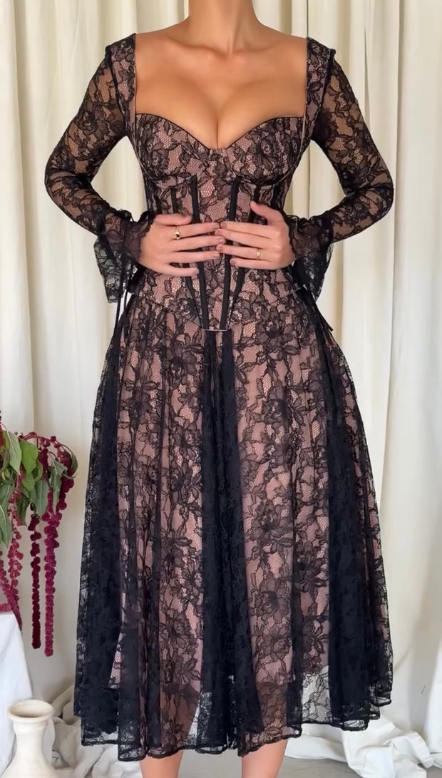 Fashion Lace Fishbone Stitching Long Sleeve Dress