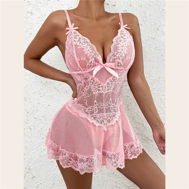 See-through Lingerie Plus Size Net Lace Seduction Pajamas Suit