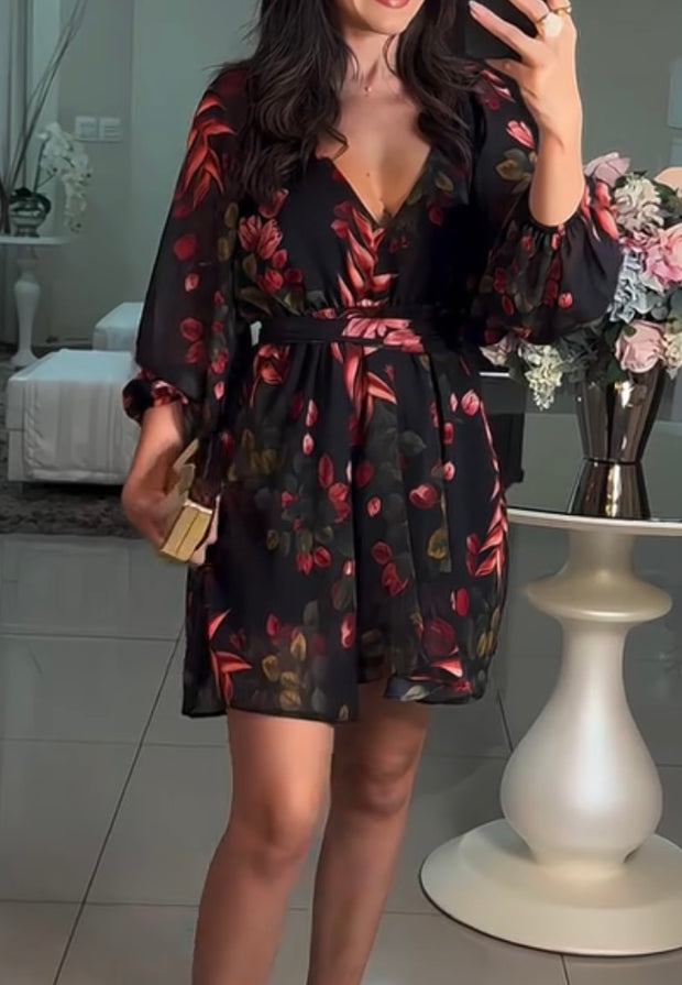 Long Sleeve V-neck Lace up Fashion Sexy Print Dress
