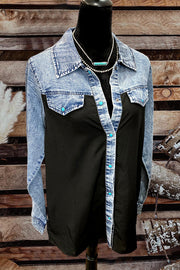 Back Aztec Print Patchwork Denim Jacket