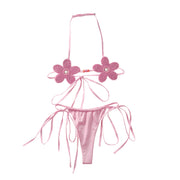 Three-dimensional Flower Sexy Suit Halter Sexy Lace-up Backless Bra Underwear Two-piece Set