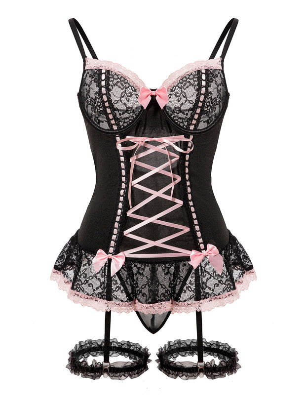 Pure Desire Girly Style Lace Bow With Leg Circumference One-piece Underwear Suit