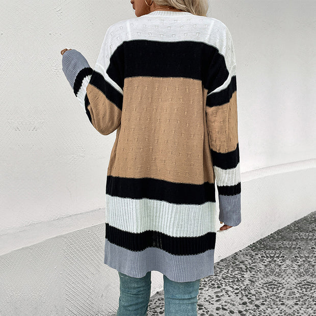 New Autumn Women's Clothing Long Colorblock Sweater Coat Women