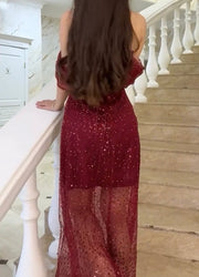 Elegant Boat-Neck Mesh Shiny See-through Dress
