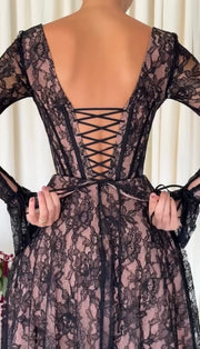 Fashion Lace Fishbone Stitching Long Sleeve Dress