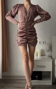 Solid Color and V-neck Long Sleeve Pleated Slim Waist Sexy Sheath Dress