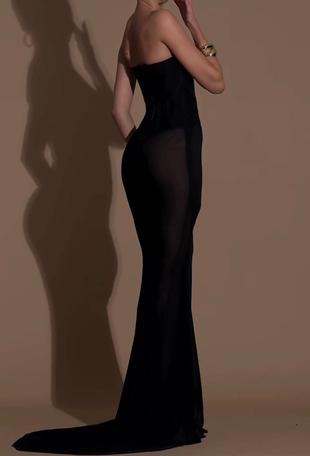 Sexy Bandeau Fishbone Velvet Stitching Waist Mesh Dress