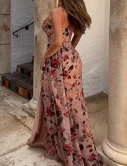 Sexy Sling Fishbone Floral Print Slit Dress