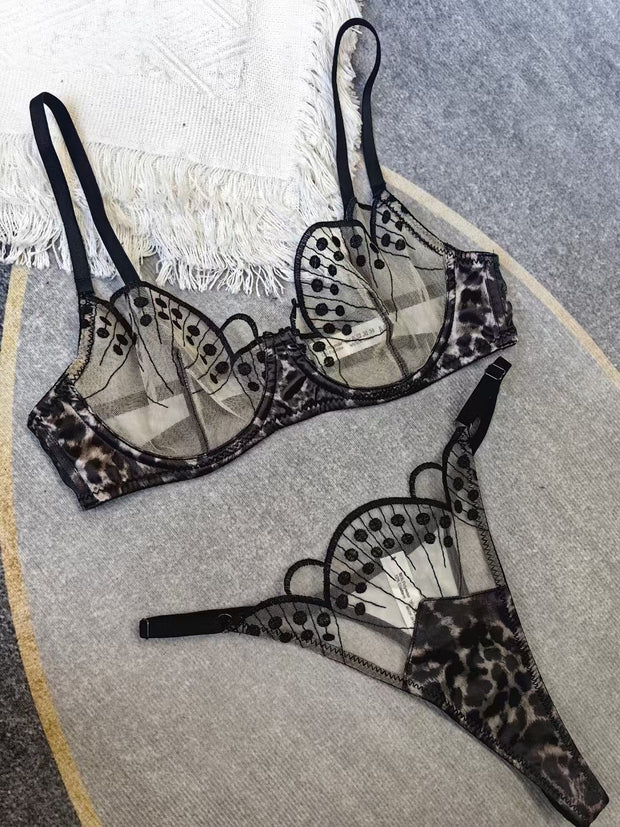 Sexy Bra Lace Untra Thin Translucent Leopard Print Underwear Suit