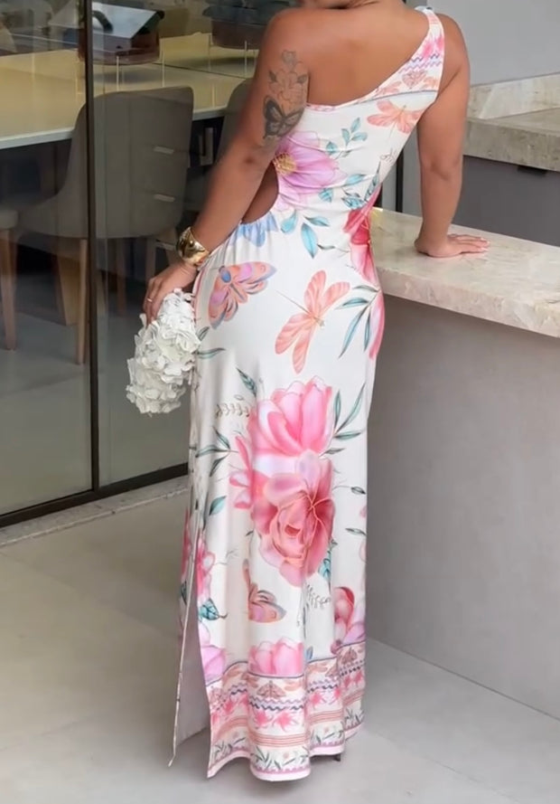 One-Shoulder Hollow-out Printed Dress