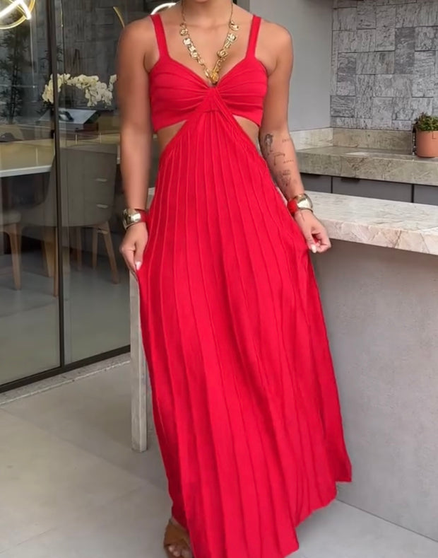 Temperament Elegant V-neck Sleeveless Hollow Backless Pleated Dress