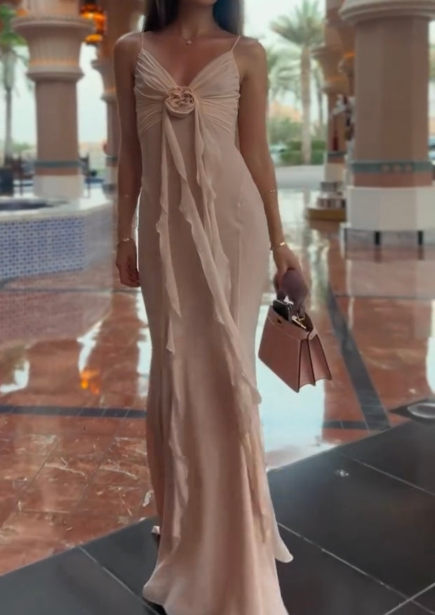 Fashion Temperament Slim Flower Ribbon Satin Dress