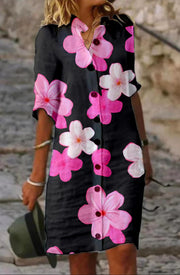 Pink Flower Plain Cotton Casual Dress