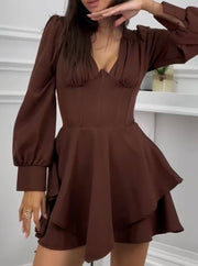 Temperament Elegant V-neck Pleated Long Sleeve Solid Color Dress