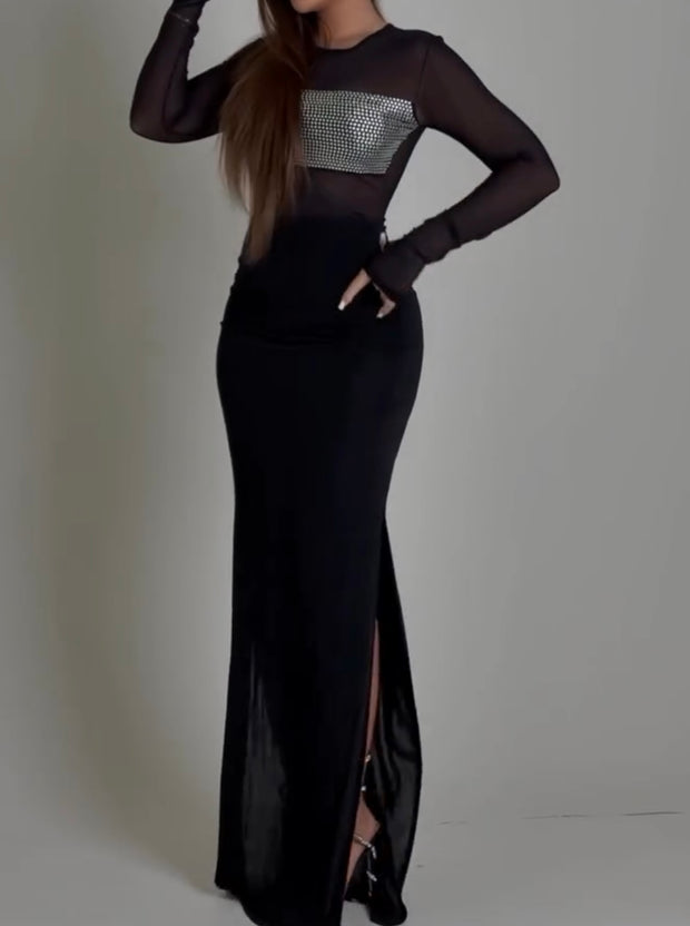 Diamond-Encrusted Chest Lace Stitching Hip Split Dress