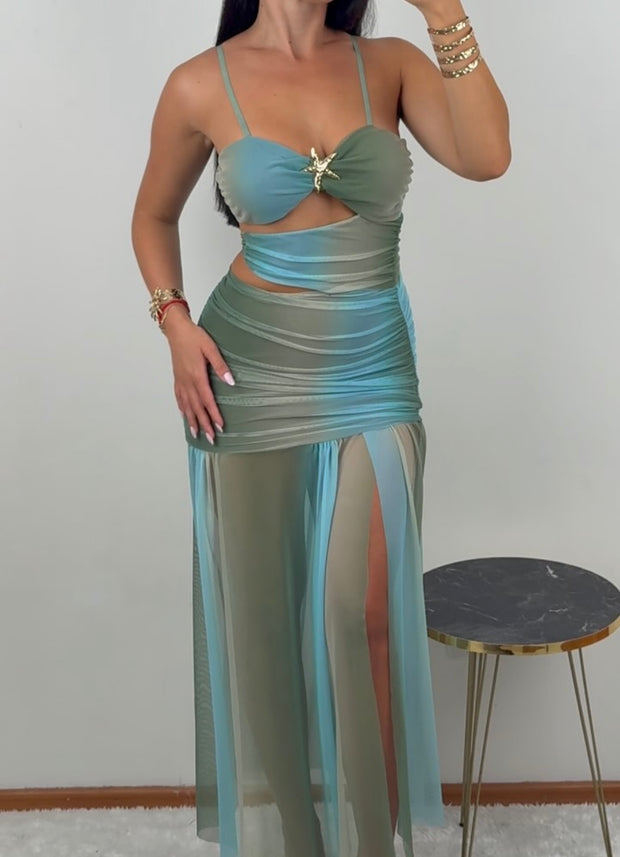 Fashion Sexy Gradient Color Wrapped Chest Backless Dress