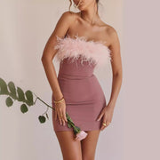 women's off-shoulder evening dress feather socialite dress banquet temperament skirt