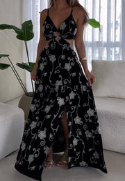 Sexy Spaghetti Straps Chest Wrap Hollow Print Dress