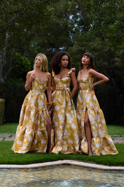 The Lucetta Dress in Gold Baroque Floral