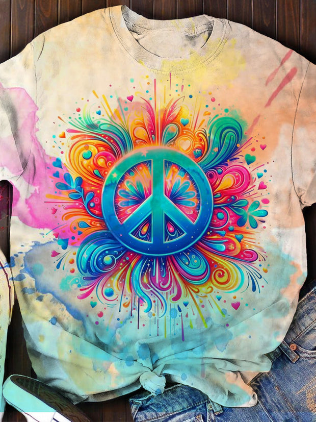 Colorful Tie Dye Peace Sign Hippie Print T-shirt