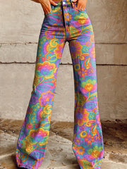 Women's Colored Flowers Hippie Print Casual Wide Leg Pants