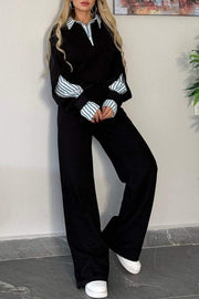 Lapel Long Sleeve Short Top and Trousers Suit