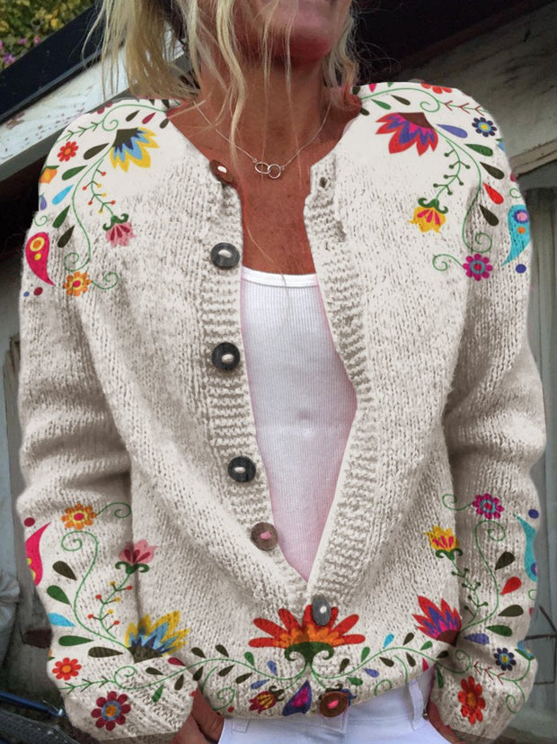 Casual Floral Print Buttoned Cardigan Sweater