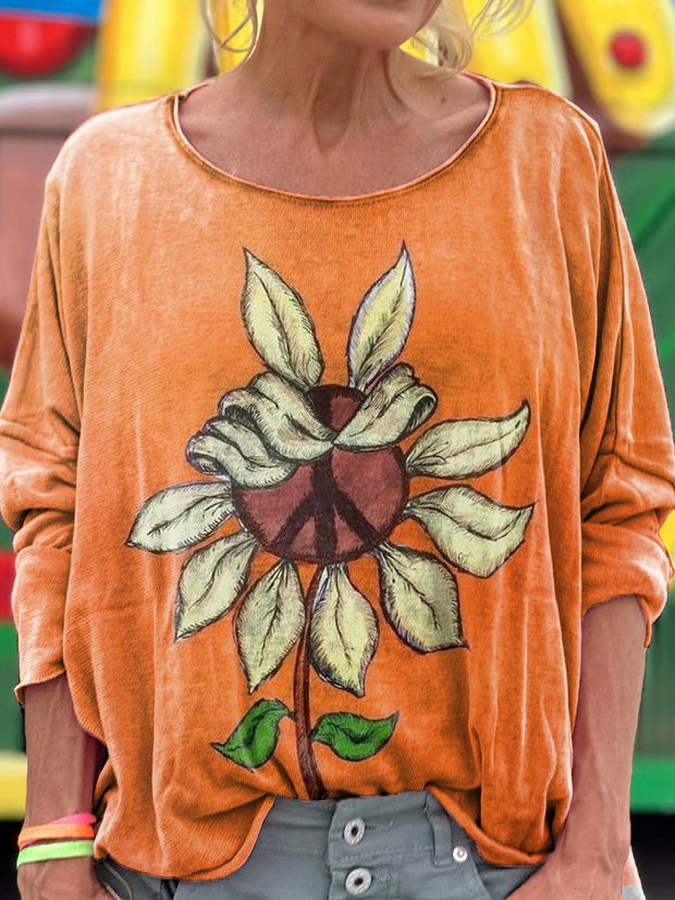 Women's Sunflower Hippie Print Long Sleeve Top