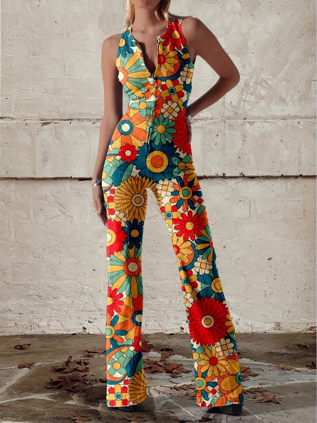 Women's Flower Print Casual Denim Jumpsuit