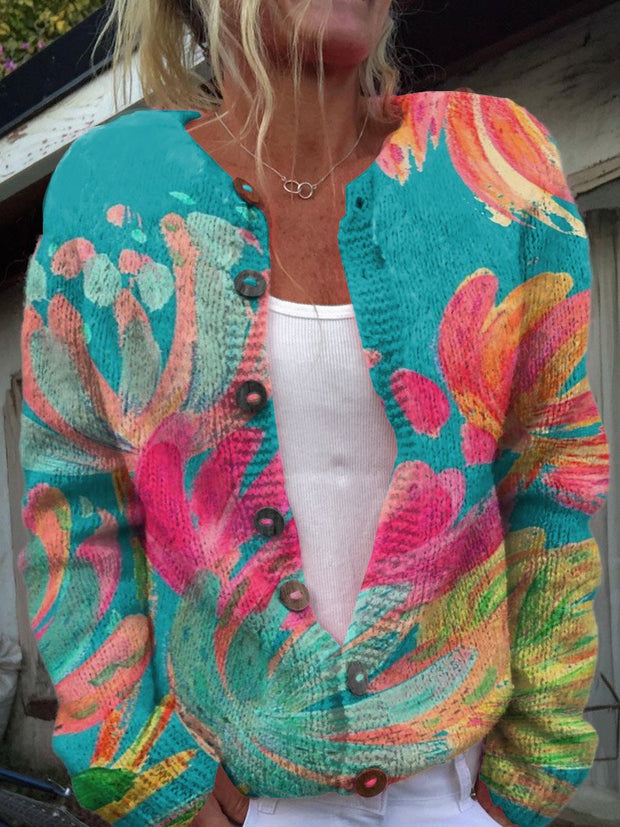 Colorful Casual Floral Print Buttoned Cardigan Sweater