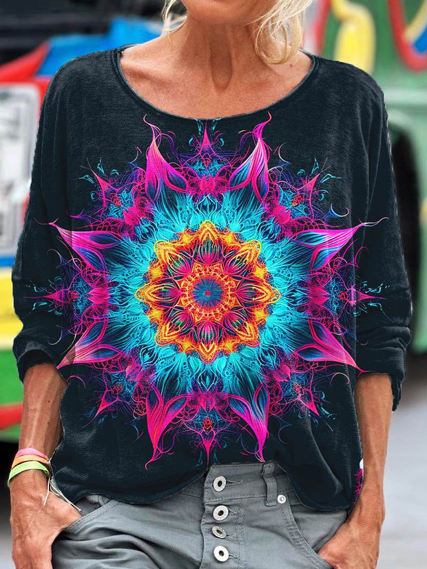 Women's Vintage Mandala Flower Pattern Art Print T-shirt