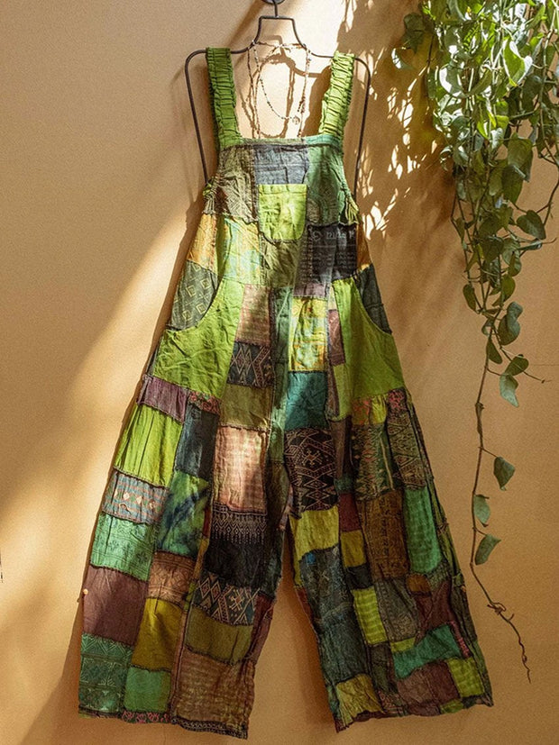 Unisex Hippie Patchwork Wide Leg Cotton Overalls