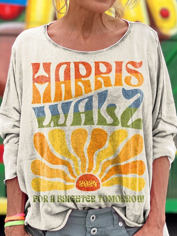 Women's Harris Walz 2024 Boho Groovy Retro Rainbow Print Long Sleeve T-shirt