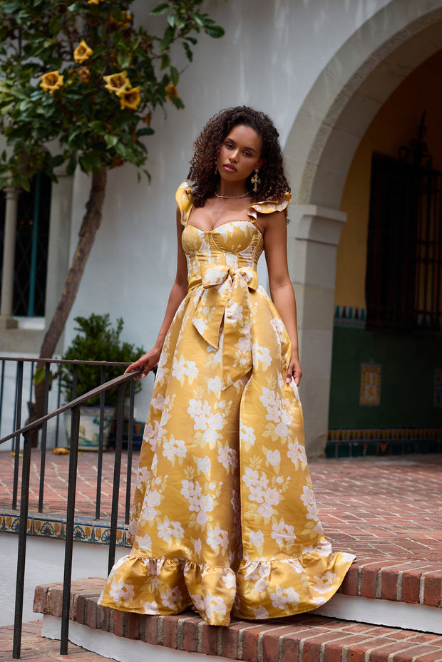 The Veronica Dress in Gold Baroque Floral