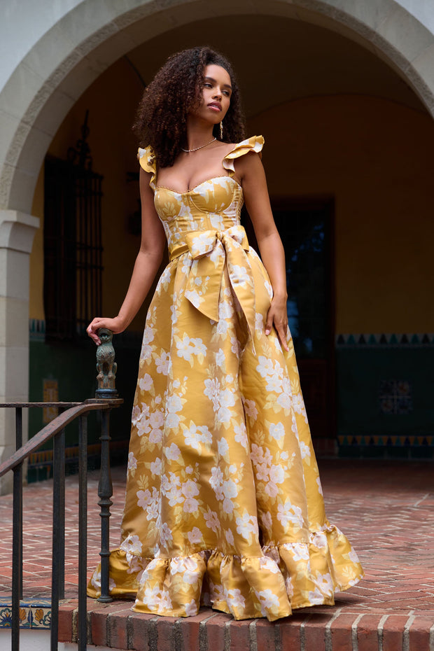 The Veronica Dress in Gold Baroque Floral