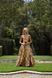 The Vivian Dress in Gold Baroque Floral