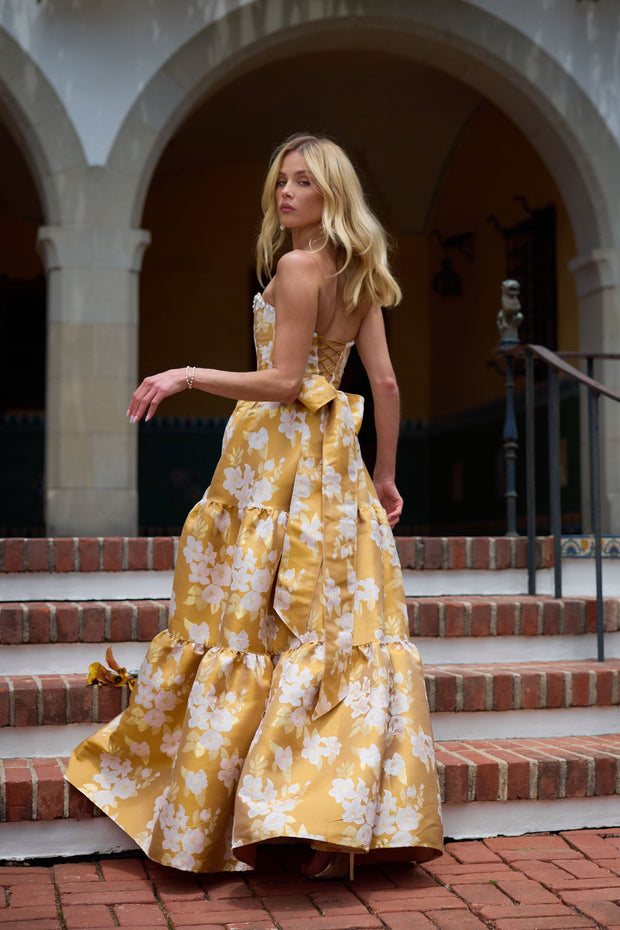 The Vivian Dress in Gold Baroque Floral