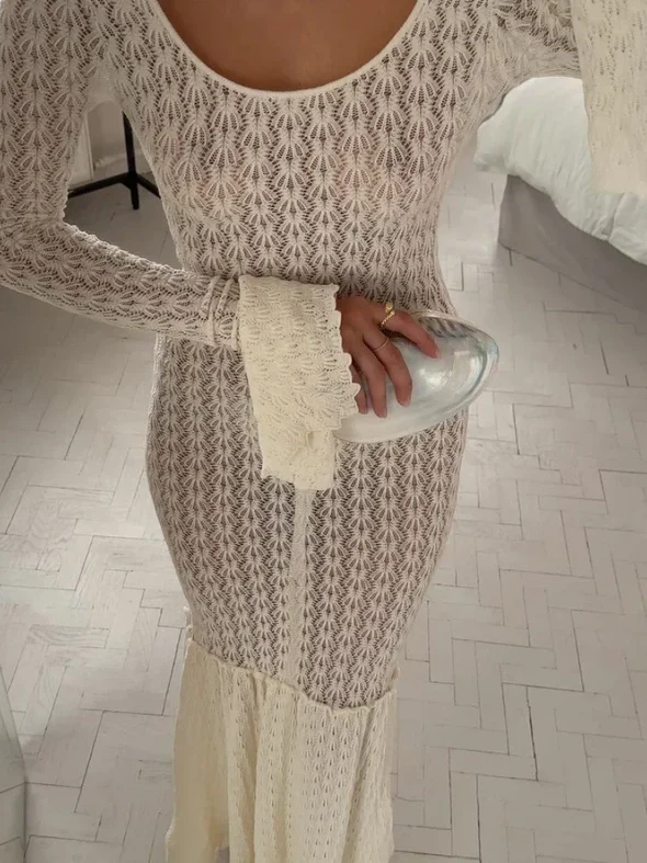 Sexy Strapless Long Sleeve Lace Stitching See-through Dress