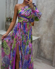 floral one shoulder sexy long-sleeved dress