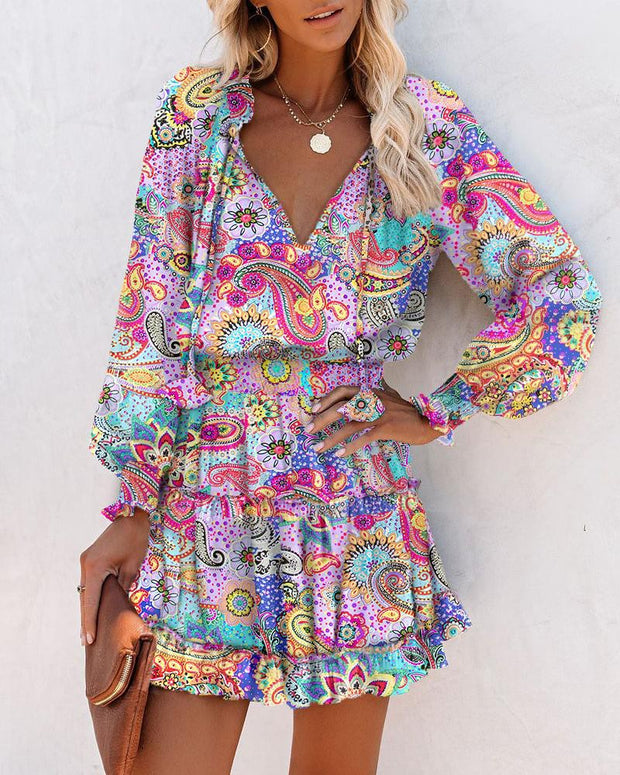 Paisley Print Ruffle Hem Shirred Waist Casual Dress