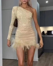 Sexy slant shoulder  with half sleeve dress