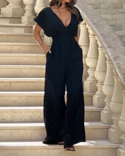 V-neck solid color ruffled jumpsuit