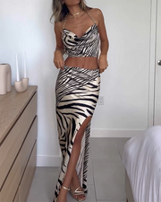 Halter Chain Top Skirt Zebra Print Two-Piece Set