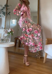 Pink Floral Deep V sexy long-sleeved dress