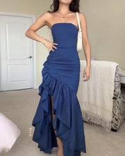 Strapless solid color slit ruffle dress