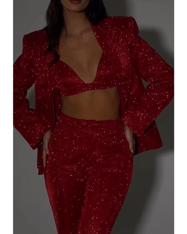 Red casual personality glitter suit